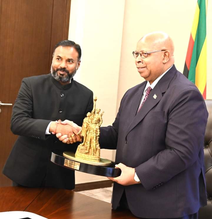 IndiainZimbabwe's tweet photo. Amb H.E. Mr. Bramha Kumar @bramhaifs today met with Adv Jacob Mudenda, Hon. Speaker of the National Assembly, Parliament of the Republic of Zimbabwe in the New Parliament building and discussed the whole gamut of bilateral relations between the two friendly countries. @MEAIndia https://t.co/Rp1LnnrcYO