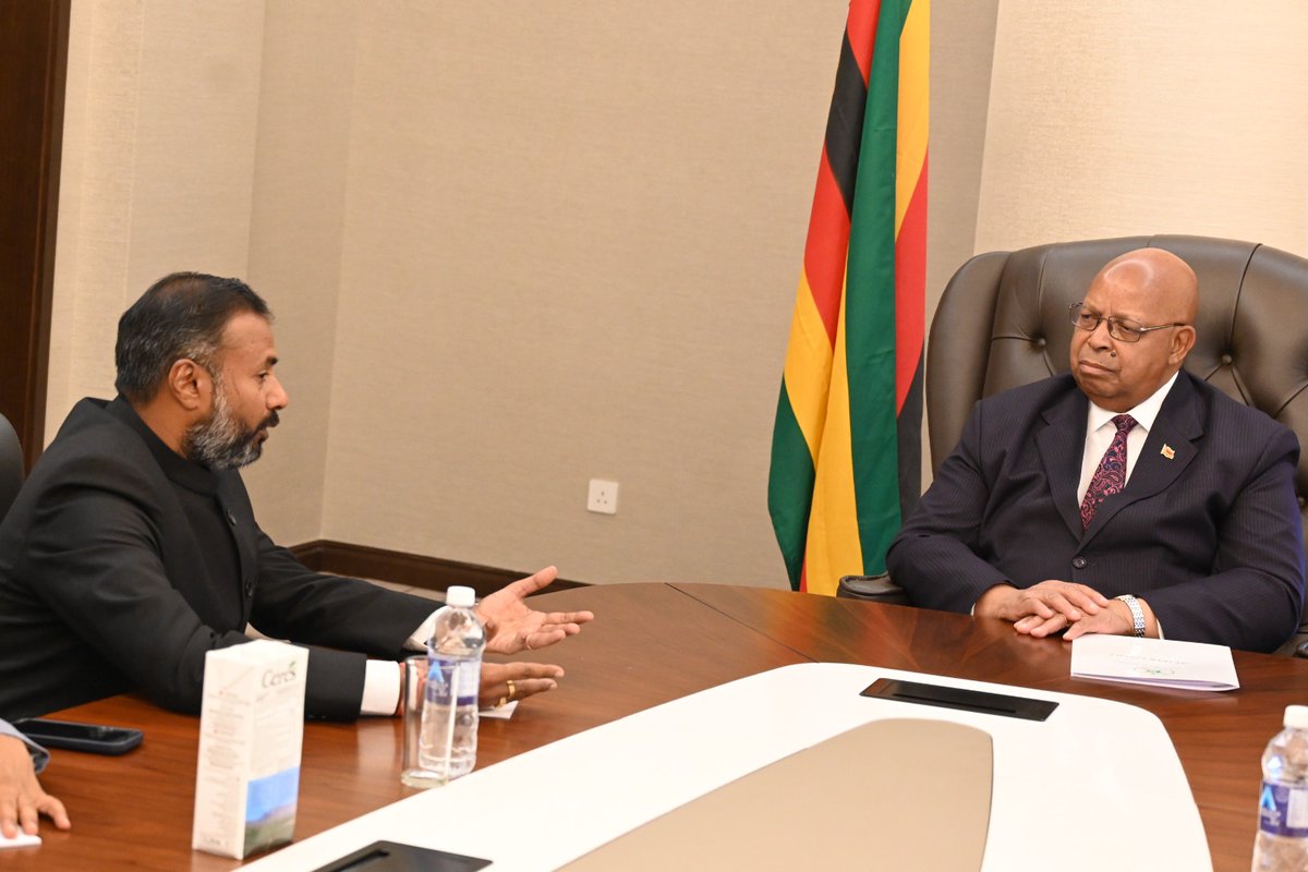 IndiainZimbabwe's tweet photo. Amb H.E. Mr. Bramha Kumar @bramhaifs today met with Adv Jacob Mudenda, Hon. Speaker of the National Assembly, Parliament of the Republic of Zimbabwe in the New Parliament building and discussed the whole gamut of bilateral relations between the two friendly countries. @MEAIndia https://t.co/Rp1LnnrcYO