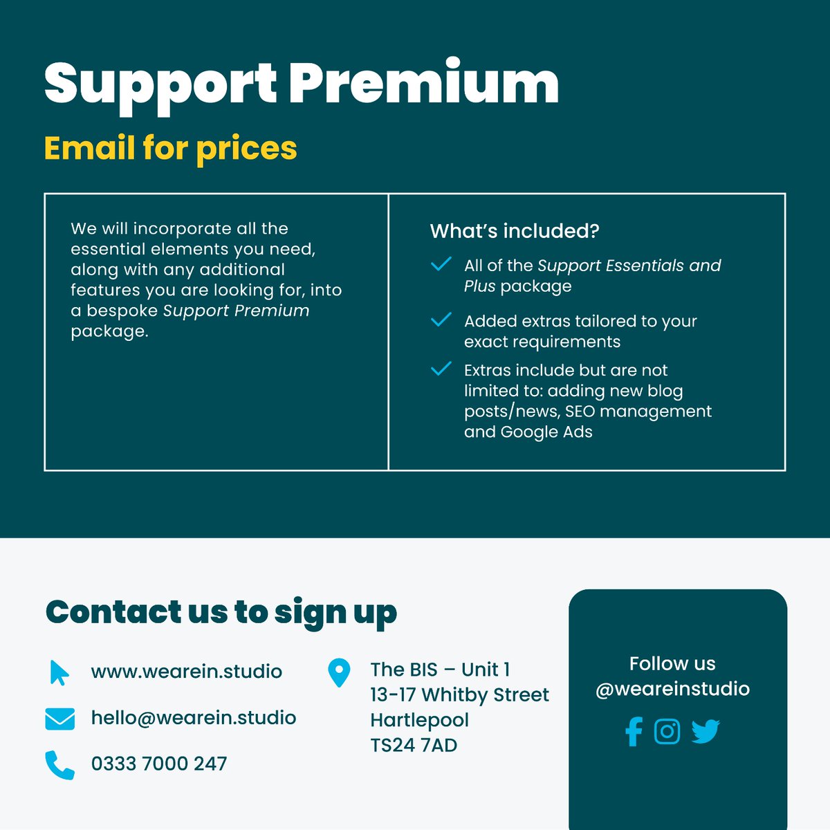 New Website &amp; Email Support Packages! 🎉 

Chose from 3 packages ranging from essential to completely bespoke. Ensure that your website and emails are running smoothly, remain updated and stay secure. 

Contact us on 0333 7000 247 or email hello@wearein.studio for more details!