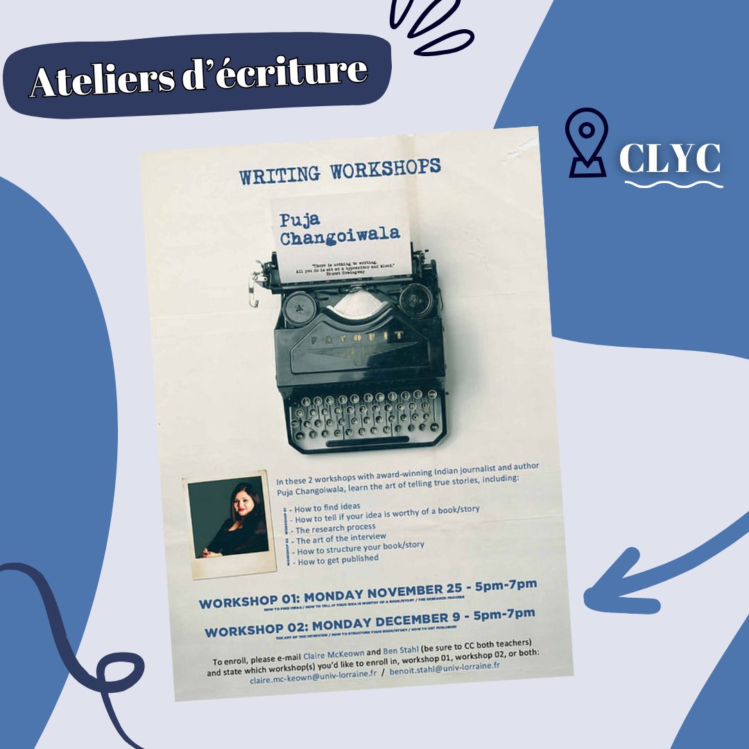 [ÉVÉNEMENT 🗓️…]
La journaliste et romancière indienne Puja Changoiwala propose deux ateliers d’écriture non fictionnelle en anglais les lundis 25 novembre et 9 décembre de 17h à 19h au CLYC, Campus Lettres et Sciences Humaines de Nancy,

Infos sur : ariel.univ-lorraine.fr/article/atelie…