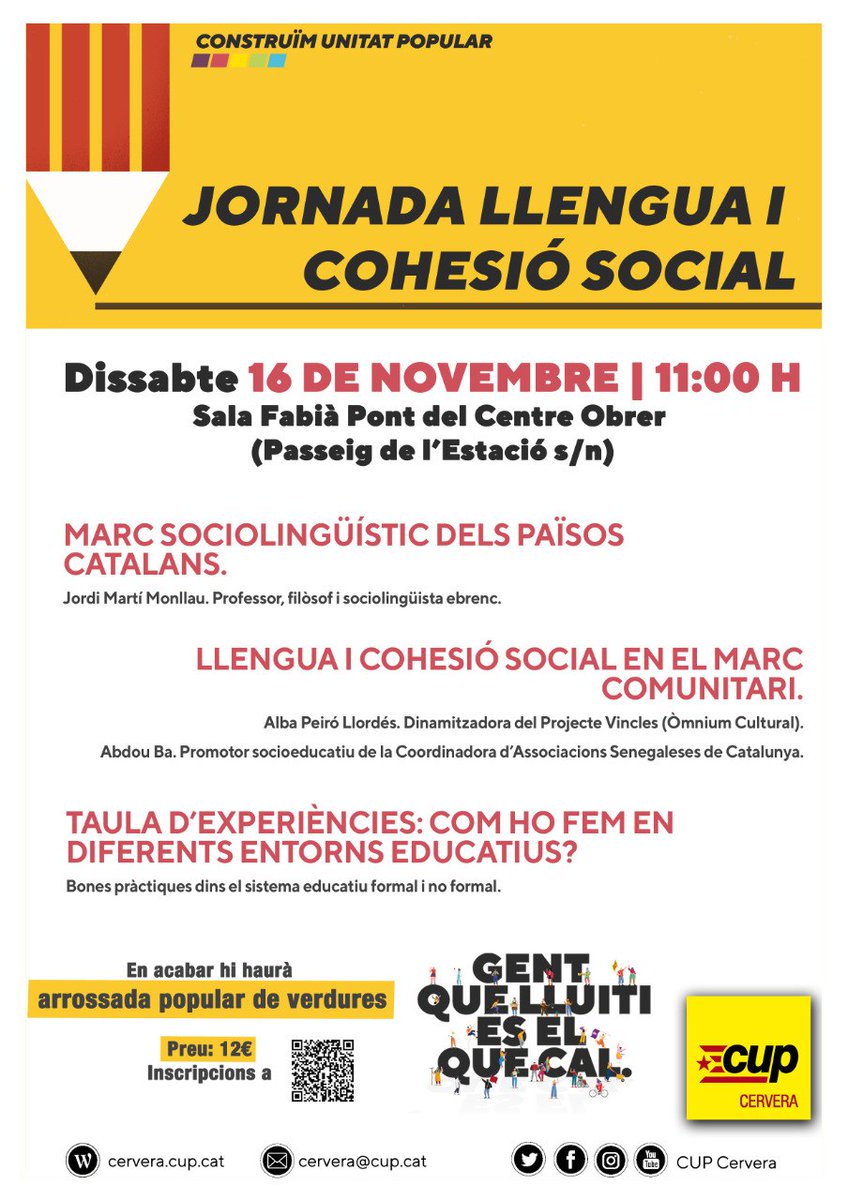 🔜 Dissabte farem això al #CentreObrer de #Cervera. La primera d'un cicle de jornades temàtiques al llarg del curs, amb participants de luxe. L'entrada és oberta a tothom. Esperem que ens hi acompanyeu! 
Per apuntar-vos al dinar, ompliu el formulari 👉🏽 docs.google.com/forms/d/e/1FAI…