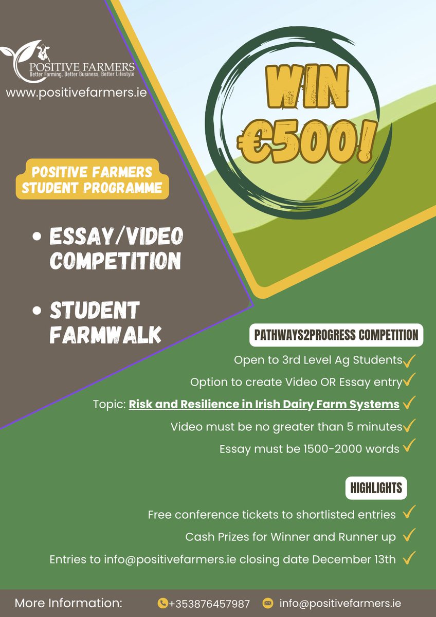 Gill O'Sullivan (@gillwallyo) on Twitter photo <a href="/uccBEES/">Biological, Earth & Environmental Sciences, UCC</a> @KildaltonCol <a href="/SETUAgriculture/">AgricultureSETU (Waterford)</a> <a href="/salesianpallas/">Salesian Pallaskenry</a> <a href="/BPSMTU/">MTU Biological and Pharmaceutical Sciences</a> <a href="/GurteenCollege/">Gurteen College</a> @ballyhaisedairy <a href="/ClonakiltyAg/">ClonakiltyAgCollege</a> <a href="/ucdagfood/">UCD School Ag & Food</a>
Ag students at the ready!
VIDEO or Written submissions for the <a href="/POSITIVEFARMERS/">Positive Farmers</a> competition ๐ <a href="/uccBEES/">Biological, Earth & Environmental Sciences, UCC</a> @KildaltonCol <a href="/SETUAgriculture/">AgricultureSETU (Waterford)</a> <a href="/salesianpallas/">Salesian Pallaskenry</a> <a href="/BPSMTU/">MTU Biological and Pharmaceutical Sciences</a> <a href="/GurteenCollege/">Gurteen College</a> @ballyhaisedairy <a href="/ClonakiltyAg/">ClonakiltyAgCollege</a> <a href="/ucdagfood/">UCD School Ag & Food</a>
Ag students at the ready!
VIDEO or Written submissions for the <a href="/POSITIVEFARMERS/">Positive Farmers</a> competition ๐
