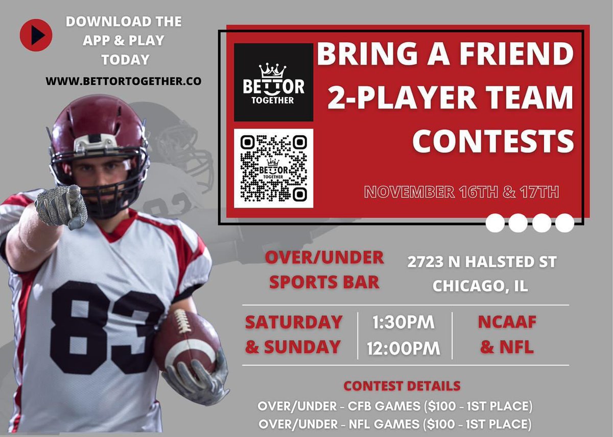 ATTENTION CHICAGO! 🗣️

Grab a friend and join us at <a href="/OverUnderChi/">Over/Under Sports Bar</a> this Saturday &amp; Sunday for our first in-person #contest! 

First drink is on us!

PLUS prizes &amp; free merch! 

📍2723 N Halsted St 

Winning alone is fun, but it’s <a href="/_BettorTogether/">BettorTogether</a> 

#Chicago #win #sports #football