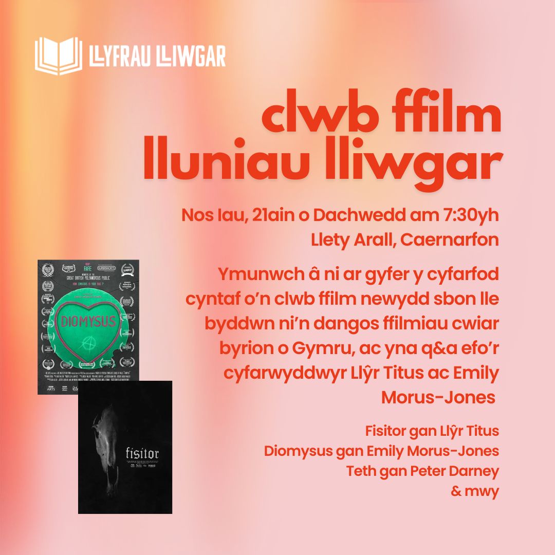 CYFFROUS!

Bydd cyfarfod cynta #LluniaulLliwgar yn digwydd wythnos i nos Iau, 21 Tachwedd, am 7:30yh yn <a href="/LletyArall/">Llety Arall, Caernarfon</a> !

Dewch yn llu i wylio ffilmiau cwiyr, gan gynnwys #Fisitor gan Llŷr Titus a Diomysus gan <a href="/Emily/">Emily Price</a> Morus-Jones, a gwrando ar sgwrs rhwng Llŷr ac Emily - AM DDIM!