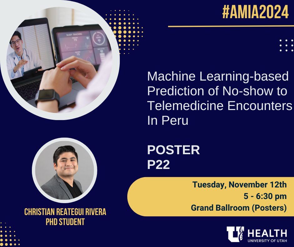 Biomedical Informatics (@uudbmi) on Twitter photo Stop by Poster 22 to learn more about "Machine Learning-based Prediction of No-show to Telemedicine Encounters In Peru" from our PhD Student, Christian Reategui Rivera <a href="/AMIAinformatics/">AMIA</a> #AMIA2024
Read more: bit.ly/3CjiBms Stop by Poster 22 to learn more about "Machine Learning-based Prediction of No-show to Telemedicine Encounters In Peru" from our PhD Student, Christian Reategui Rivera <a href="/AMIAinformatics/">AMIA</a> #AMIA2024
Read more: bit.ly/3CjiBms