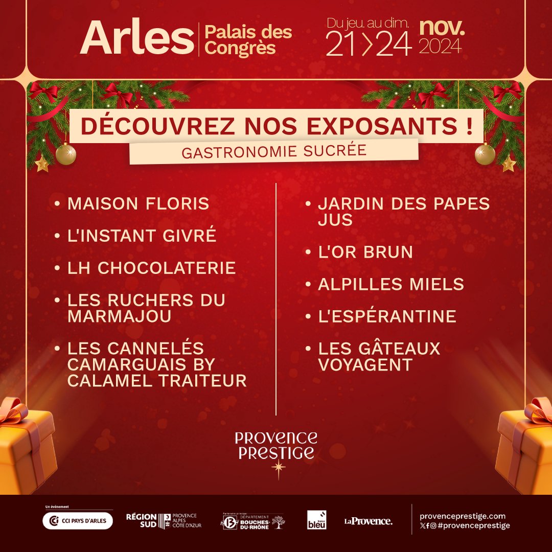 Provence Prestige 2024 : Découvrez nos exposants ! 🎉

Rendez-vous du jeudi 21 au dimanche 24 novembre au Palais des Congrès Arles, pour découvrir l'artisanat provençal 

#ProvencePrestige #GastronomieSucree #MadeInProvence #Arles #ÉvénementLocal