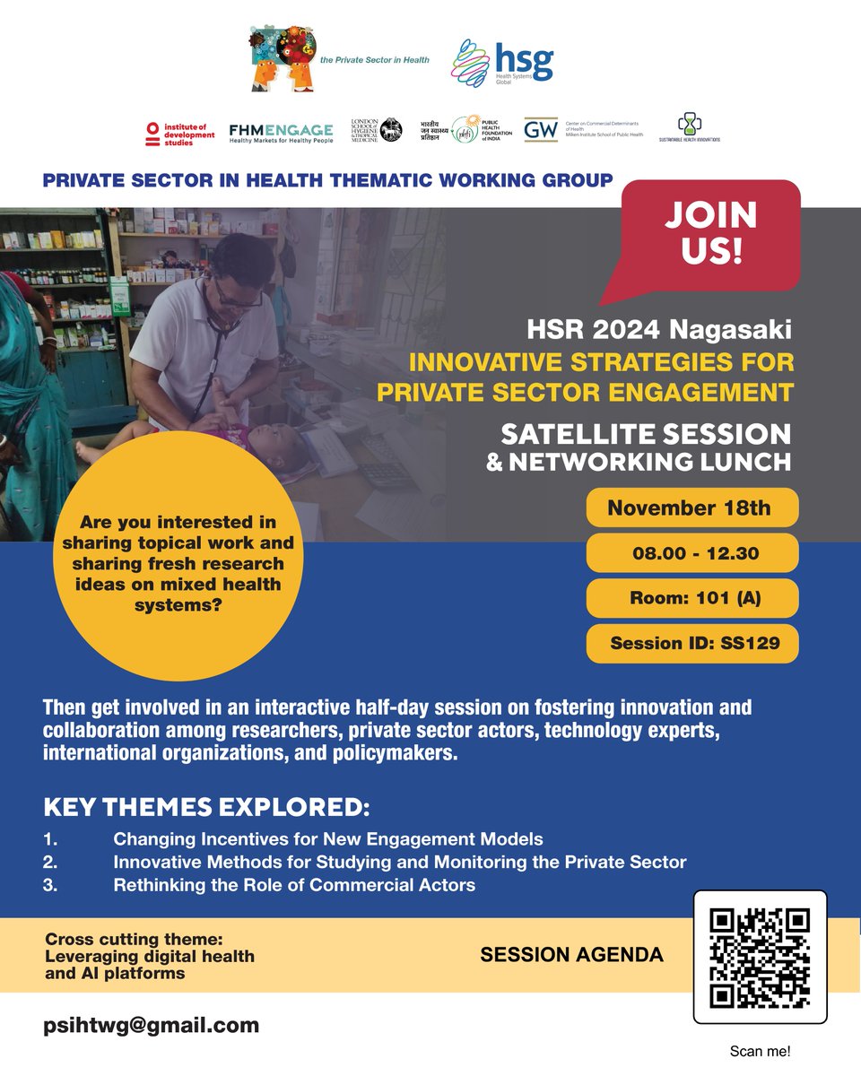 Future Health Systems (@futurehealthsys) on Twitter photo The <a href="/H_S_Global/">Health Systems Global</a> Private Sector in #Health working group is hosting a satellite session on 18 Nov at #HSR2024.
Join <a href="/psinhealth/">Private Sector in Health</a> members & delegates to discuss new evidence & insights.
Explore opportunities for research & collaboration with analysts, policymakers & innovators. The <a href="/H_S_Global/">Health Systems Global</a> Private Sector in #Health working group is hosting a satellite session on 18 Nov at #HSR2024.
Join <a href="/psinhealth/">Private Sector in Health</a> members & delegates to discuss new evidence & insights.
Explore opportunities for research & collaboration with analysts, policymakers & innovators.