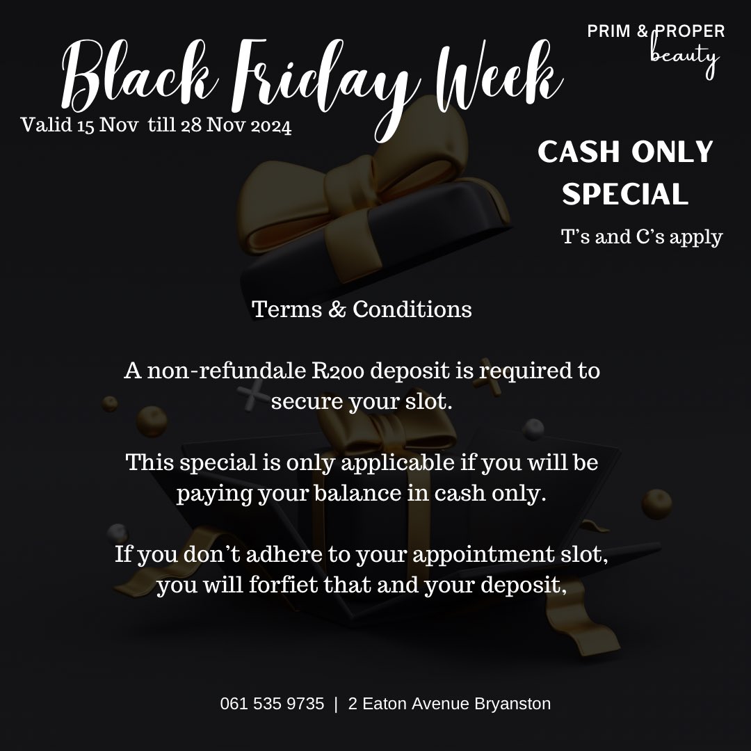 Primandproper0's tweet photo. Black Friday Cash Only Special❗️❗️❗️

📍 2 Eaton Avenue, Bryanston
📞 061 353 9735

#BlackFriday #BlackFridayDeals #NovemberLove2024 https://t.co/IJZu7E0hg1