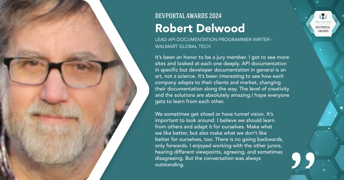 DevportalAwards's tweet image. We aim to highlight great solutions, thanks to the expertise of our volunteer jurors, all seasoned professionals in #APIdocumentation & #developerportal best practices.
One of our jurors is @RobertDelwood 🙌
Tune in to tomorrow’s show to hear his insights and reflections!