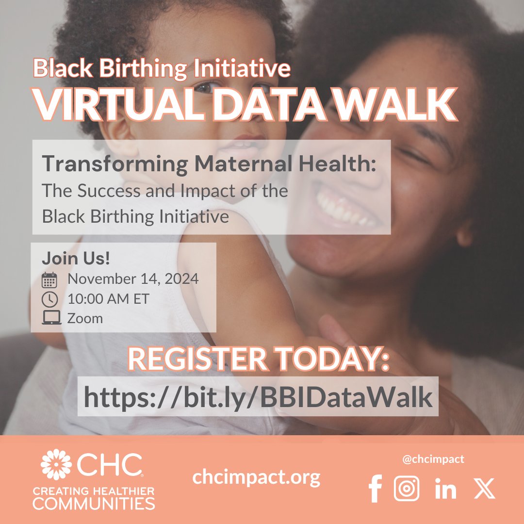 ❗ DON'T MISS OUT! Our virtual data walk exploring the successes and impact of CHC's #BlackBirthingInitiative takes place THIS THURSDAY, November 14, 2024. This celebration of #MaternalChildHealth progress is open to all. 

Register today: bit.ly/BBIDataWalk #MaternalHealth
