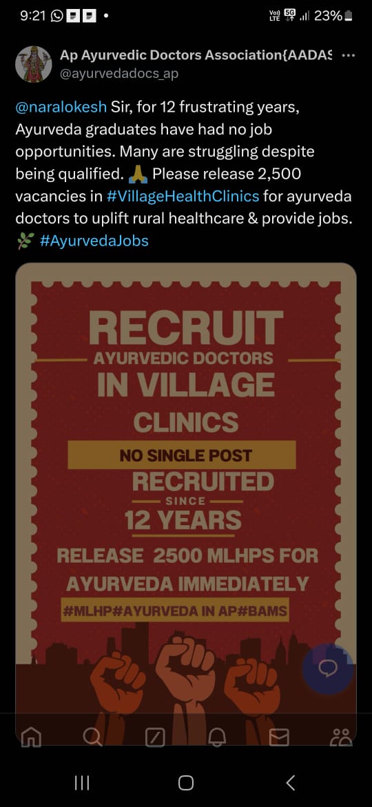 AlthafKutagulla's tweet photo. @naralokesh Sir, for 12 frustrating years, Ayurveda graduates have had no job opportunities. Many are struggling despite being qualified. 🙏 Please release 2,500 vacancies for Village Health Clinics to uplift rural healthcare &amp; provide jobs. 🌿 #AyurvedaJobs #BAMS https://t.co/JloVT07GBV
