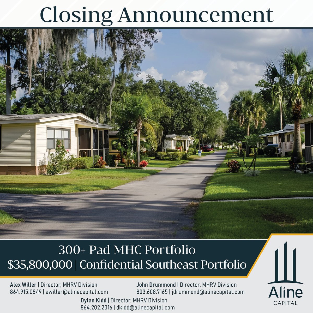 AlineCapital's tweet photo. Exciting news from Aline Capital! 🚀 Our MHRV Advisory Division has closed a confidential $35.8M acquisition of a 300+pad manufactured housing community portfolio! Discover more about our commitment to community development at https://t.co/CkxSpxagFD. #RealEstate  #MHRV https://t.co/Iz8ymU12U9
