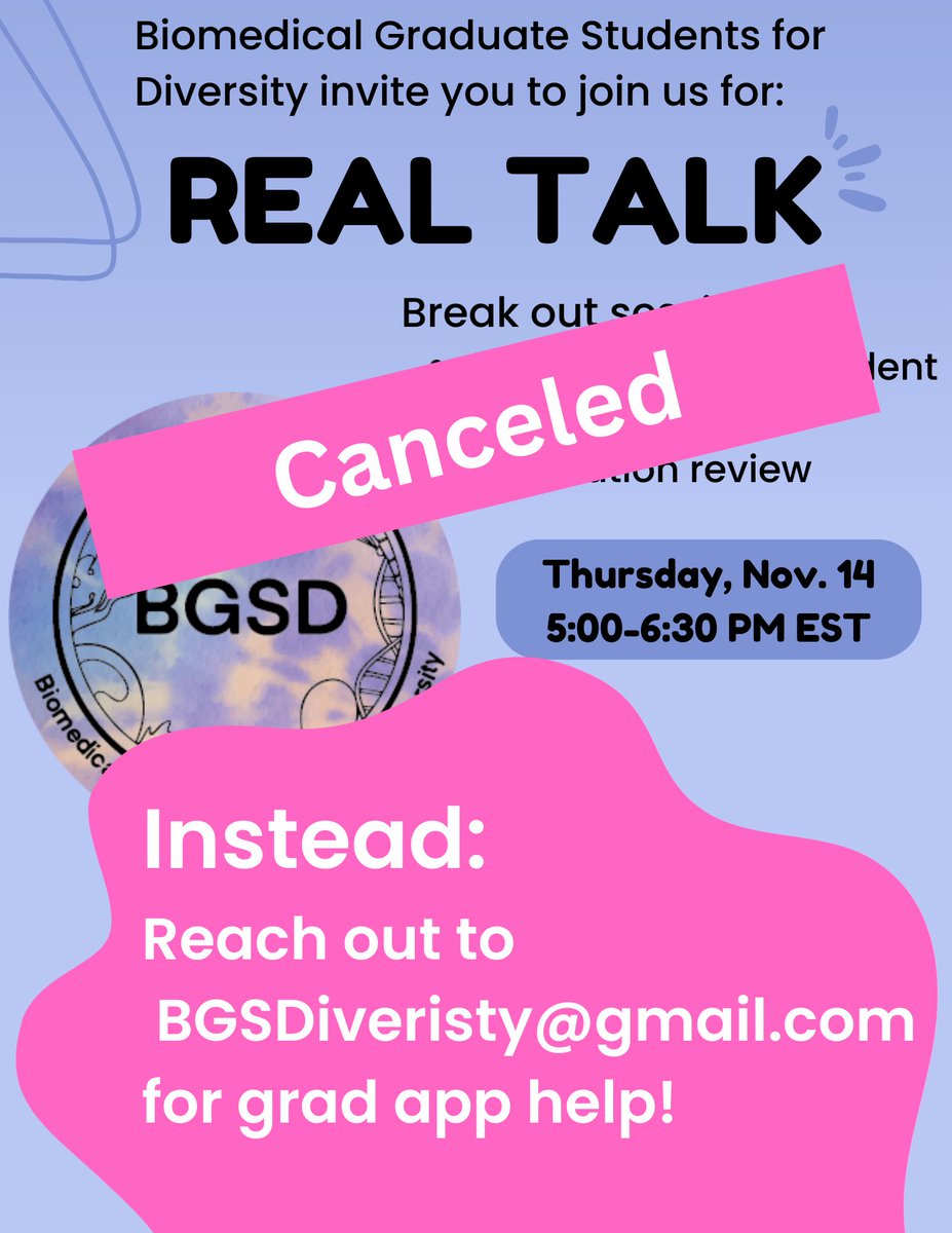 BGSDiversity (@bgsdiversity) on Twitter photo Due to lack of attendee RSVPs we are cancelling this event but offering personalized graduate school application reviews! Please email BGSDiversity@gmail.com to request a review or to request a meeting with a graduate student for advice. Due to lack of attendee RSVPs we are cancelling this event but offering personalized graduate school application reviews! Please email BGSDiversity@gmail.com to request a review or to request a meeting with a graduate student for advice.