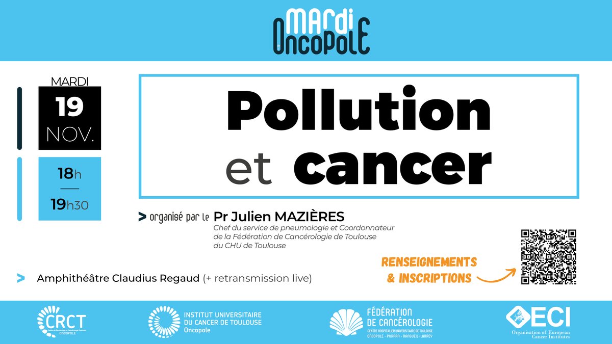 IUCT Oncopole (@iuctoncopole) on Twitter photo Mardi de l'Oncopole : Pollution & Cancer
📆 Mardi 19 novelbre
🕘18h00-19h30
📍IUCT-Oncopole à Toulouse
Organisé par le Pr <a href="/Julienmazieres/">Julien Mazieres</a>, Chef du service de pneumologie du <a href="/Chudetoulouse/">CHU de Toulouse - compte inactif</a>
Renseignements & Inscriptions ➡ app.livestorm.co/p/85922d33-537… Mardi de l'Oncopole : Pollution & Cancer
📆 Mardi 19 novelbre
🕘18h00-19h30
📍IUCT-Oncopole à Toulouse
Organisé par le Pr <a href="/Julienmazieres/">Julien Mazieres</a>, Chef du service de pneumologie du <a href="/Chudetoulouse/">CHU de Toulouse - compte inactif</a>
Renseignements & Inscriptions ➡ app.livestorm.co/p/85922d33-537…