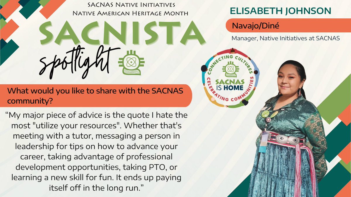 SACNAS's tweet image. ✨ Meet Elisabeth Johnson, M.S. (Navajo/Diné), a scientist and the Manager of Native Initiatives at #SACNAS.✨

Give today to support our mission of creating true diversity in STEM: hubs.la/Q02VKff80

#NativeAmericanHeritageMonth #IndigenousInSTEM #STEMCommunity