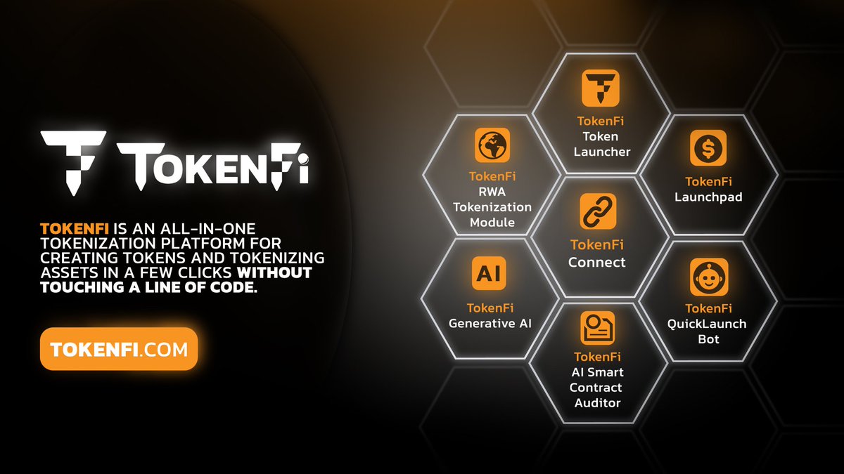 #TokenFi is powering the future of #tokenization with an all-in-one platform:

1. Token Launcher | Create tokens without code
2. RWA Module | Tokenize real-world assets
3. QuickLaunch Bot | Launch tokens via Telegram/Discord
4. AI Smart Contract Auditor | Automate security checks