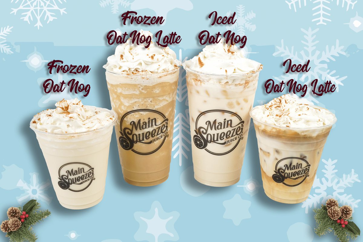 mainsqzjuiceco's tweet image. Who says holiday nog can’t be plant-based? 🎄✨ Our new Oat Nog lineup is here! Dairy-free &amp;amp; festive, with options like creamy Frozen Oat Nog, cozy Frozen Oat Nog Latte, and refreshing Iced Oat Nog &amp;amp; Lattes. Which will you try first? 😋 #PlantBasedHoliday #OatNog