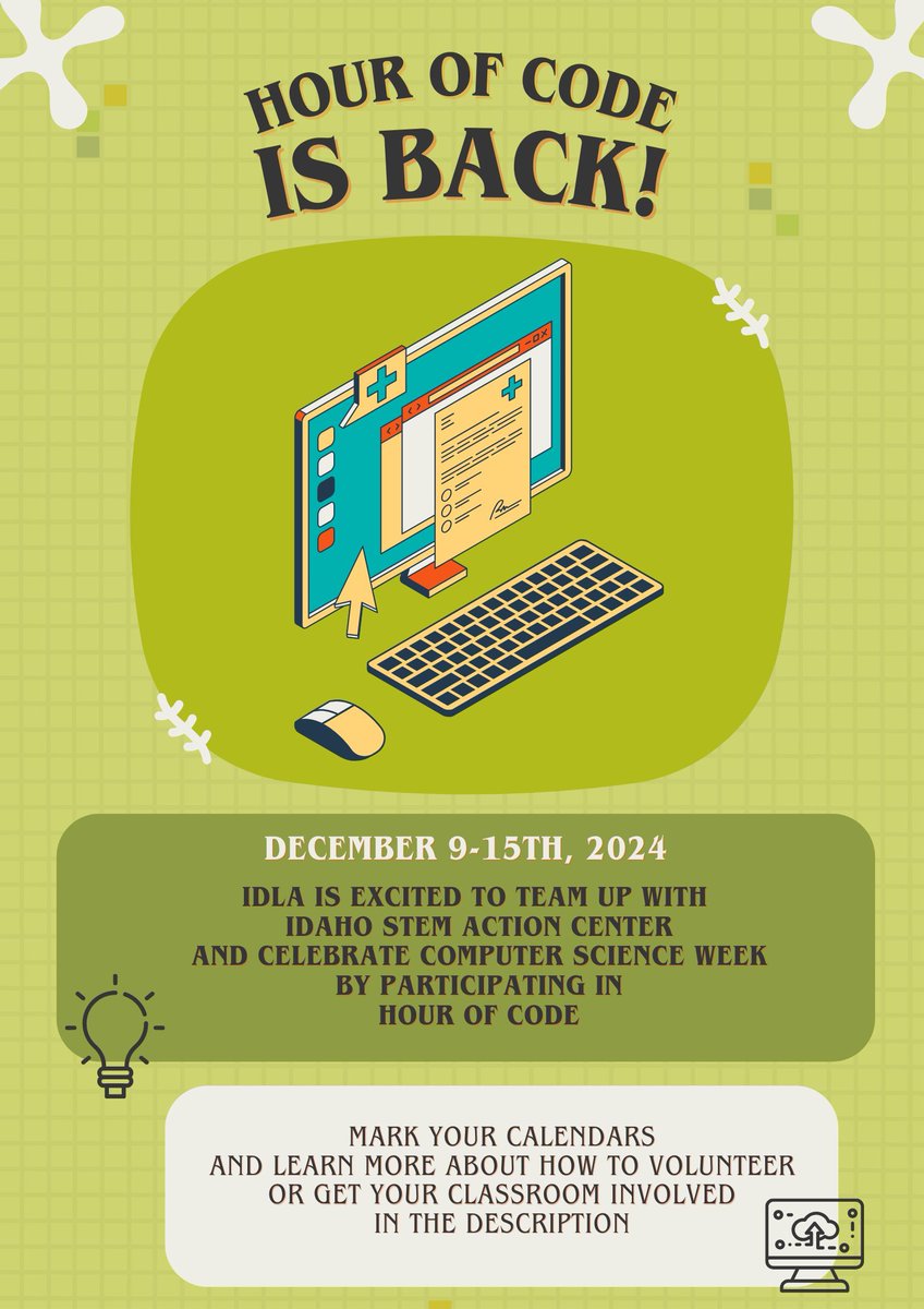 Idaho STEM Action Center &amp; IDLA are teaming up for #HourOfCode! Industry volunteers will code alongside K-12 students during Computer Science Education Week. No coding experience needed—just a passion to inspire! Sign up here: buff.ly/4fwNSRc
#idla #idiglearning #csedweek