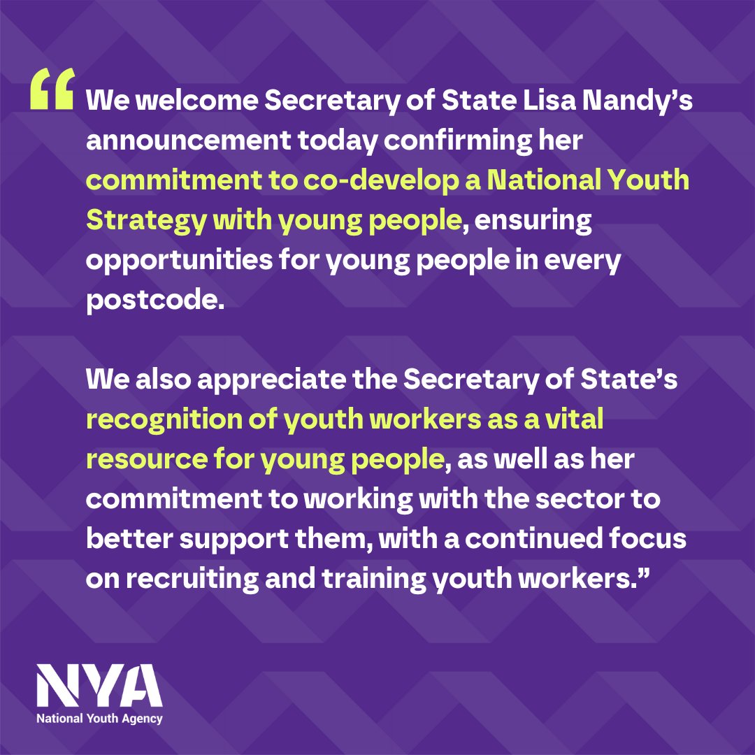 Today, Secretary of State Lisa Nandy confirmed her commitment to co-develop a National Youth Strategy with young people. The National Youth Sector Advisory Board released its Roadmap to a National Youth Strategy in late 2023, and we look forward to working with the government to