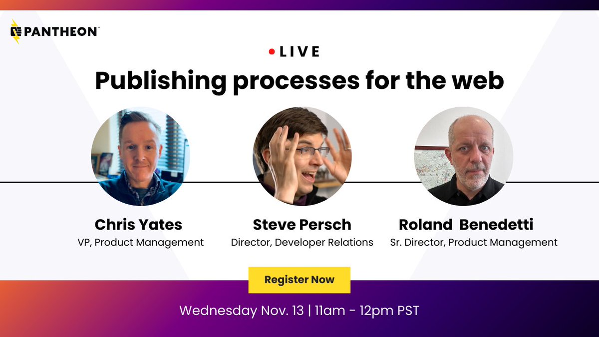 getpantheon's tweet image. Join Pantheon leaders @stevector @rolandbenedetti &amp;amp; Chris Yates this week for an extra special #ContentOps livestream! Details below. 

📍 Live on YouTube
⏰ Nov 13 | 11 AM - 12 PM PST
🔗 ow.ly/gYgx50TXyoW