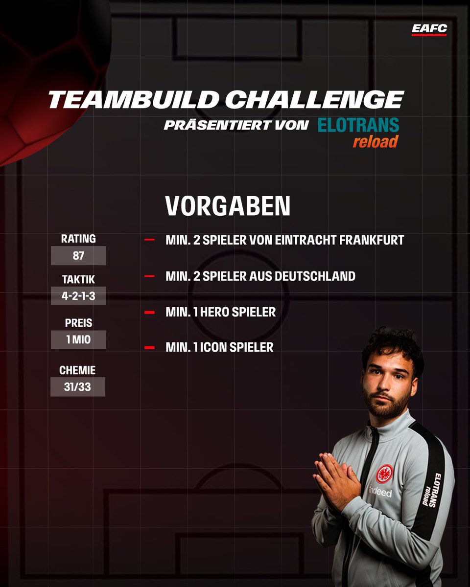 Eintrachtesport's tweet photo. Mit der Teambuild Challenge in EAFC gemeinsam zum Sieg.
Ganz nach dem Motto: "Team - für jeden anders. ELOTRANS reload für alle gleich.“
#SGEsports | #SGE | #elotransreload https://t.co/fAjqk5f015