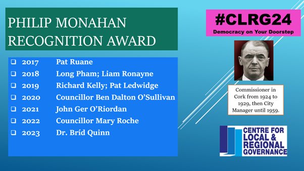 AODH QUINLIVAN ⚽️🏆 (@aodhquinlivan) on Twitter photo Who will win the PHILIP MONAHAN RECOGNITION AWARD at #CLRG24 on 20 November? The event starts at 6.30pm in the North Wing Council Room <a href="/UCC/">UCC Ireland</a>. ALL WELCOME.
<a href="/johbees/">John O'Halloran</a> <a href="/AILGIRE/">AILG</a> <a href="/corkcitycouncil/">Cork City Council</a> <a href="/CACSSS1/">UCC Arts, Celtic Studies and Social Sciences</a> <a href="/echolivecork/">EchoLive.ie</a> <a href="/CLRGUCC/">CLRG</a> <a href="/GovUCC/">GovPolUCC</a> <a href="/DeptHousingIRL/">Department of Housing, Local Government & Heritage</a> <a href="/theresareidy/">Theresa Reidy 🇺🇦</a> @Harmonica26 Who will win the PHILIP MONAHAN RECOGNITION AWARD at #CLRG24 on 20 November? The event starts at 6.30pm in the North Wing Council Room <a href="/UCC/">UCC Ireland</a>. ALL WELCOME.
<a href="/johbees/">John O'Halloran</a> <a href="/AILGIRE/">AILG</a> <a href="/corkcitycouncil/">Cork City Council</a> <a href="/CACSSS1/">UCC Arts, Celtic Studies and Social Sciences</a> <a href="/echolivecork/">EchoLive.ie</a> <a href="/CLRGUCC/">CLRG</a> <a href="/GovUCC/">GovPolUCC</a> <a href="/DeptHousingIRL/">Department of Housing, Local Government & Heritage</a> <a href="/theresareidy/">Theresa Reidy 🇺🇦</a> @Harmonica26