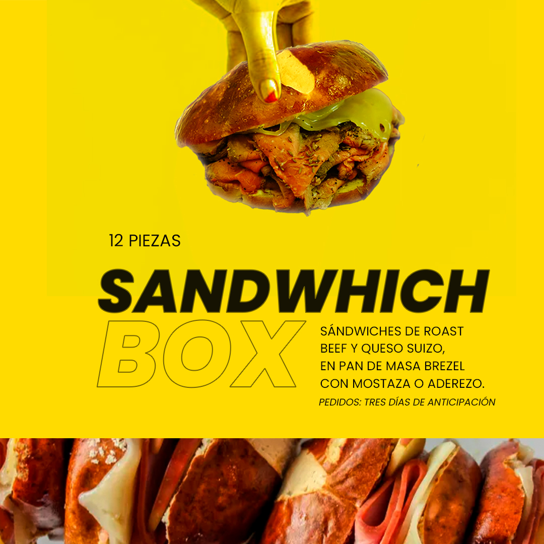 Sandwich Box para Juntas y Eventos

🥨 Perfecto para reuniones desde 12 personas.

Sándwiches de roast beef y queso suizo, en pan de masa brezel con mostaza alemana o aderezo.

Haz tu pedido con tres días de anticipación.📲