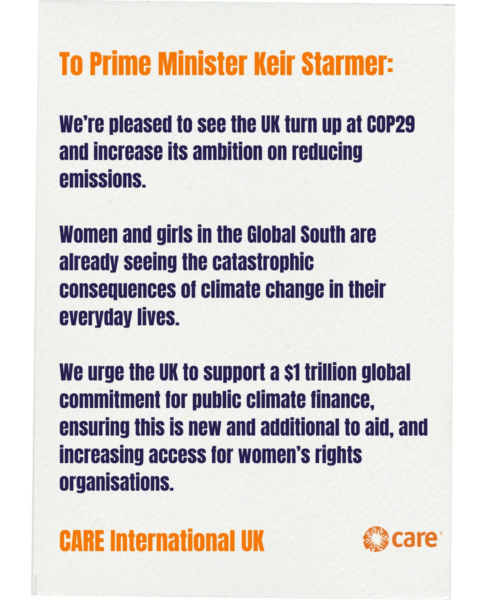 “We’re pleased to see the UK turn up at #COP29 and increase its ambition on reducing emissions, which is a step in the right direction.

#Women and girls in the Global South are already seeing the catastrophic consequences of #climatechange in their everyday lives, as it harms