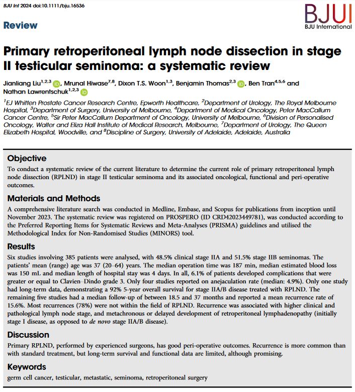 BJU International (@bjuijournal) on Twitter photo Primary RPLND, performed by experienced surgeons, has good peri-operative outcomes. Recurrence is more common than with standard treatment, but long-term survival and functional data are limited, although promising. <a href="/lawrentschuk/">Nathan Lawrentschuk</a>
doi.org/10.1111/bju.16… Primary RPLND, performed by experienced surgeons, has good peri-operative outcomes. Recurrence is more common than with standard treatment, but long-term survival and functional data are limited, although promising. <a href="/lawrentschuk/">Nathan Lawrentschuk</a>
doi.org/10.1111/bju.16…