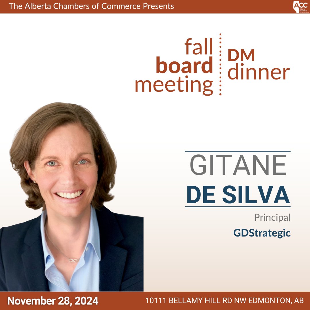 Alberta Chambers (@albertachambers) on Twitter photo Join us as <a href="/GitaneDeSilva/">Gitane De Silva</a>, Principal, GDStrategic, presents at the Fall Board Meeting & Deputy Ministers' Dinner! In her session, Gitane will cover agriculture and electricity, especially relevant with Alberta redesigning its electricity market.
Register: ow.ly/RkJK50U2CXI Join us as <a href="/GitaneDeSilva/">Gitane De Silva</a>, Principal, GDStrategic, presents at the Fall Board Meeting & Deputy Ministers' Dinner! In her session, Gitane will cover agriculture and electricity, especially relevant with Alberta redesigning its electricity market.
Register: ow.ly/RkJK50U2CXI