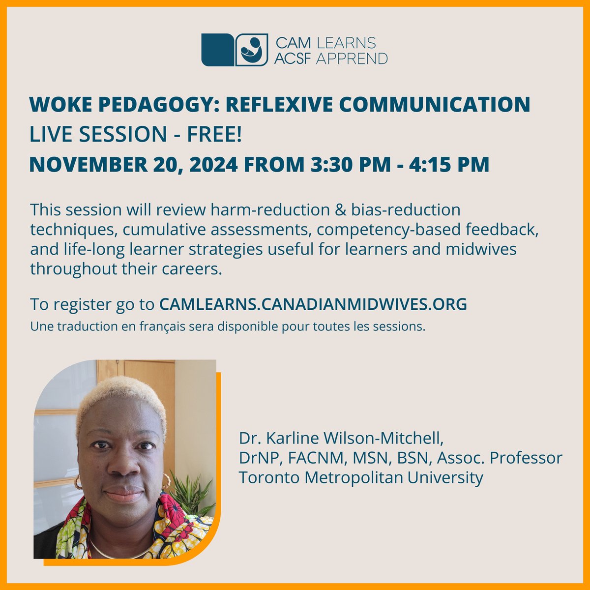 Canadian Association of Midwives (@canadamidwives) on Twitter photo This event is FREE for our members. Also check out our two days of LIVE programming to celebrate the launch of CAM's new online learning platform CAM Learns!  
Une traduction en français sera disponible pour toutes les sessions.
camlearns.canadianmidwives.org This event is FREE for our members. Also check out our two days of LIVE programming to celebrate the launch of CAM's new online learning platform CAM Learns!  
Une traduction en français sera disponible pour toutes les sessions.
camlearns.canadianmidwives.org