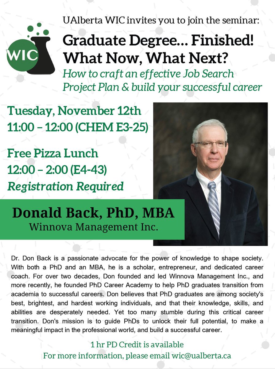 Not sure what to do after your graduate degree? Join us today at 11:00am in CHEM E3-25 for a career seminar with Donald Back! PD credit (1 hour) is available for attendees.