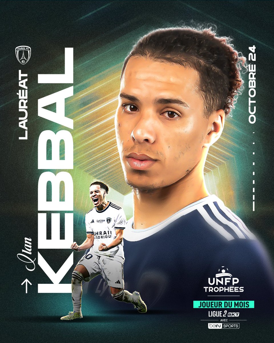 UNFP's tweet photo. Né Marseillais 🌊 
Joue sous les couleurs parisiennes 🔵⚪️ 
Maîtrise la balle comme un brésilien 🇧🇷  

Ilan Kebbal est le lauréat du Trophée UNFP du Joueur du Mois d'octobre de @Ligue2BKT 🏆  

Félicitations Ilan 👏  

#TropheesUNFP https://t.co/IB3d7RwLZk
