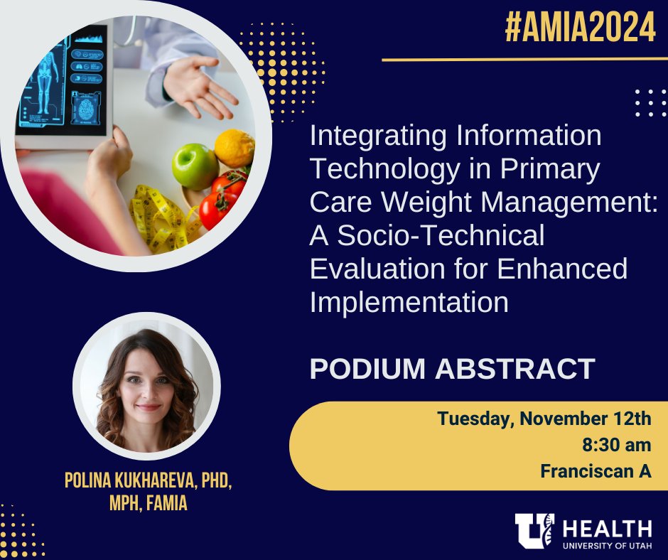 Biomedical Informatics (@uudbmi) on Twitter photo Please join Polina Kukhrava, PhD (<a href="/PolinaKukhareva/">Dr. Polina Kukhareva</a>) in Franciscan A at 8:30 am for her presentation on "Integrating Information Technology in Primary Care Weight Management: A Socio-Technical Evaluation for Enhanced Implementation" #AMIA2024
Learn more: bit.ly/48Qq6xp Please join Polina Kukhrava, PhD (<a href="/PolinaKukhareva/">Dr. Polina Kukhareva</a>) in Franciscan A at 8:30 am for her presentation on "Integrating Information Technology in Primary Care Weight Management: A Socio-Technical Evaluation for Enhanced Implementation" #AMIA2024
Learn more: bit.ly/48Qq6xp
