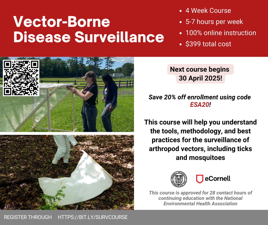 Attendees at #Entsoc24 can save 20% on enrollment for the Vector-Borne Diseases Surveillance <a href="/ecornell_online/">eCornell</a> &amp; <a href="/CornellEnto/">Department of Entomology@Cornell University</a> course using promo code ESA20! Learn from leading experts the best methods for surveillance, sample management, and reporting. bit.ly/SurvCourse