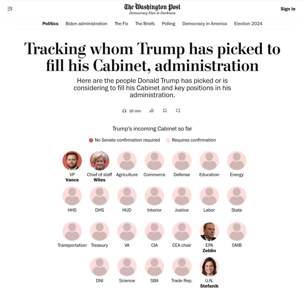 MarioNawfal's tweet photo. 🇺🇸 TRUMP’S CABINET SO FAR

Susie Wiles | Chief of Staff | Trump’s 2021 campaign leader and strategist becomes the first female Chief of Staff.

Lee Zeldin | EPA Chief | Ex-NY congressman with a limited environmental record, Zeldin has backed Trump through thick and thin.

Elise Stefanik | UN Ambassador | Outspoken Trump ally, Stefanik calls the U.N. “corrupt” and pushes for U.S. withdrawal if reforms stall.

JD Vance | Vice President | Young, fiery Ohio Senator and former Trump critic, now one of his staunchest defenders.

Source: Washington Post