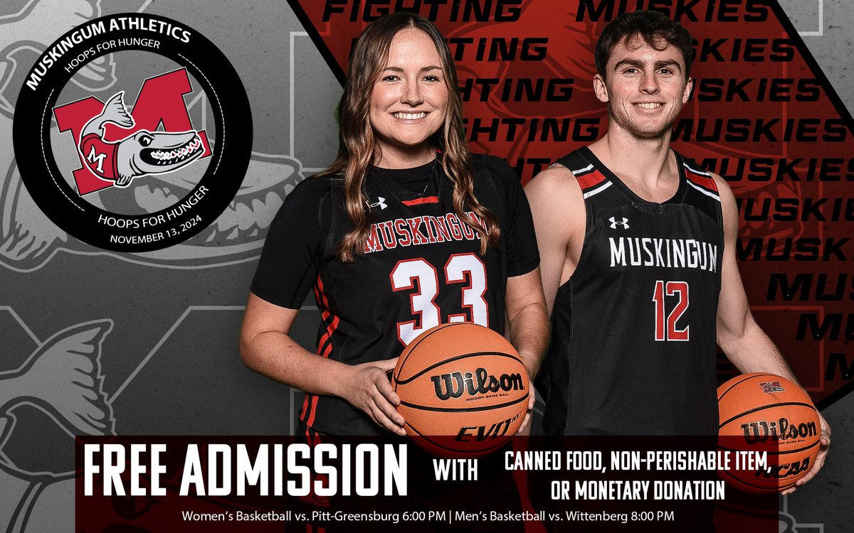 Tomorrow night is Muskingum’s annual Hoops for Hunger Food Drive! Fans get free admission to the Muskingum women’s basketball game vs. Pitt.-Greensburg at 6 PM and the men’s basketball game vs. Wittenberg at 8 PM with a donation of canned food, a non-perishable item, or cash.