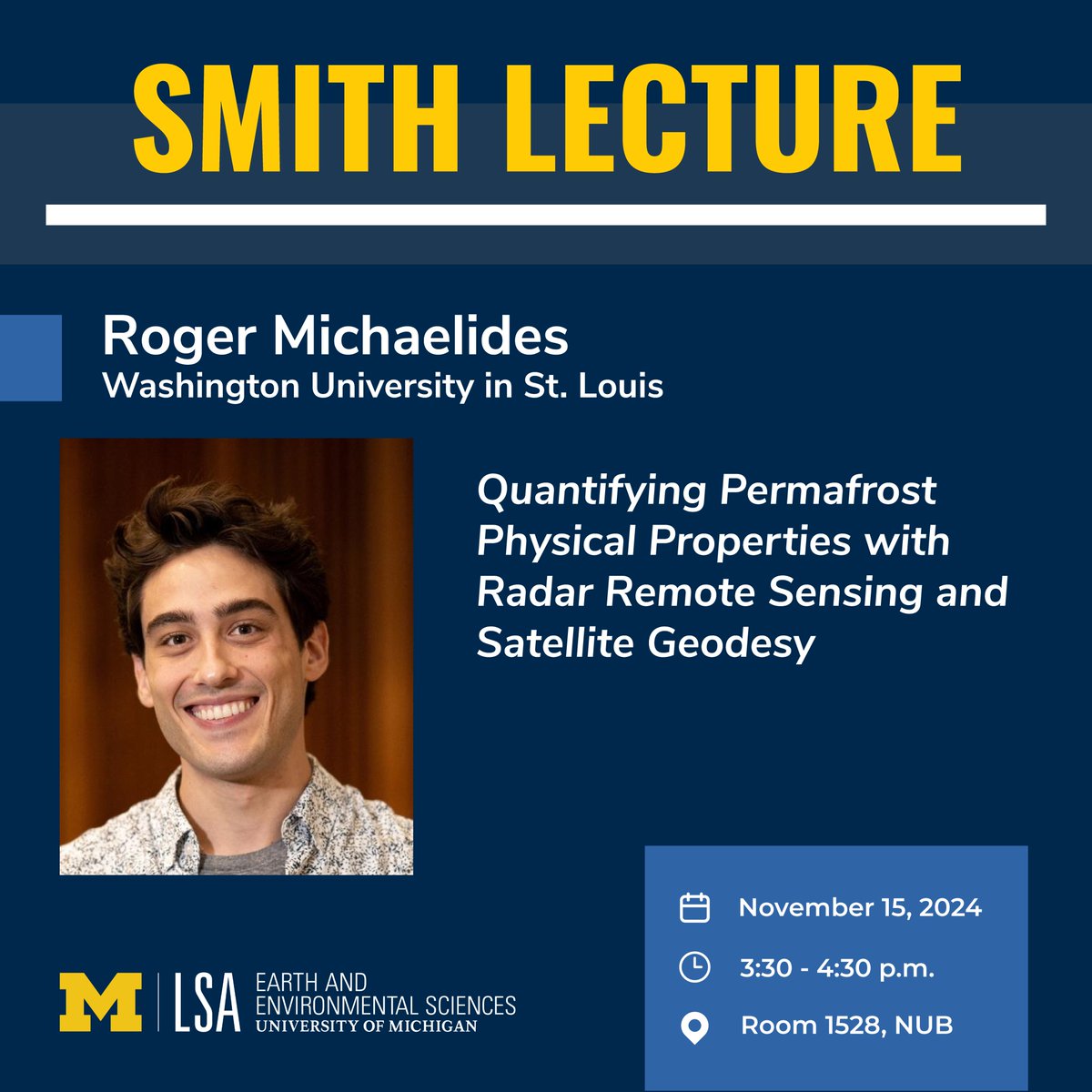 Michigan EARTH (@michiganearth) on Twitter photo Weโre thrilled to welcome Roger Michaelides from @WUSTL for this week's Smith Lecture, who will delve into "Quantifying Permafrost Physical Properties with Radar Remote Sensing and Satellite Geodesy." 
๐Friday, Nov 15
๐3:30-4:30pm
๐NUB 1528
More info: myumi.ch/mZEQ8 Weโre thrilled to welcome Roger Michaelides from @WUSTL for this week's Smith Lecture, who will delve into "Quantifying Permafrost Physical Properties with Radar Remote Sensing and Satellite Geodesy." 
๐Friday, Nov 15
๐3:30-4:30pm
๐NUB 1528
More info: myumi.ch/mZEQ8