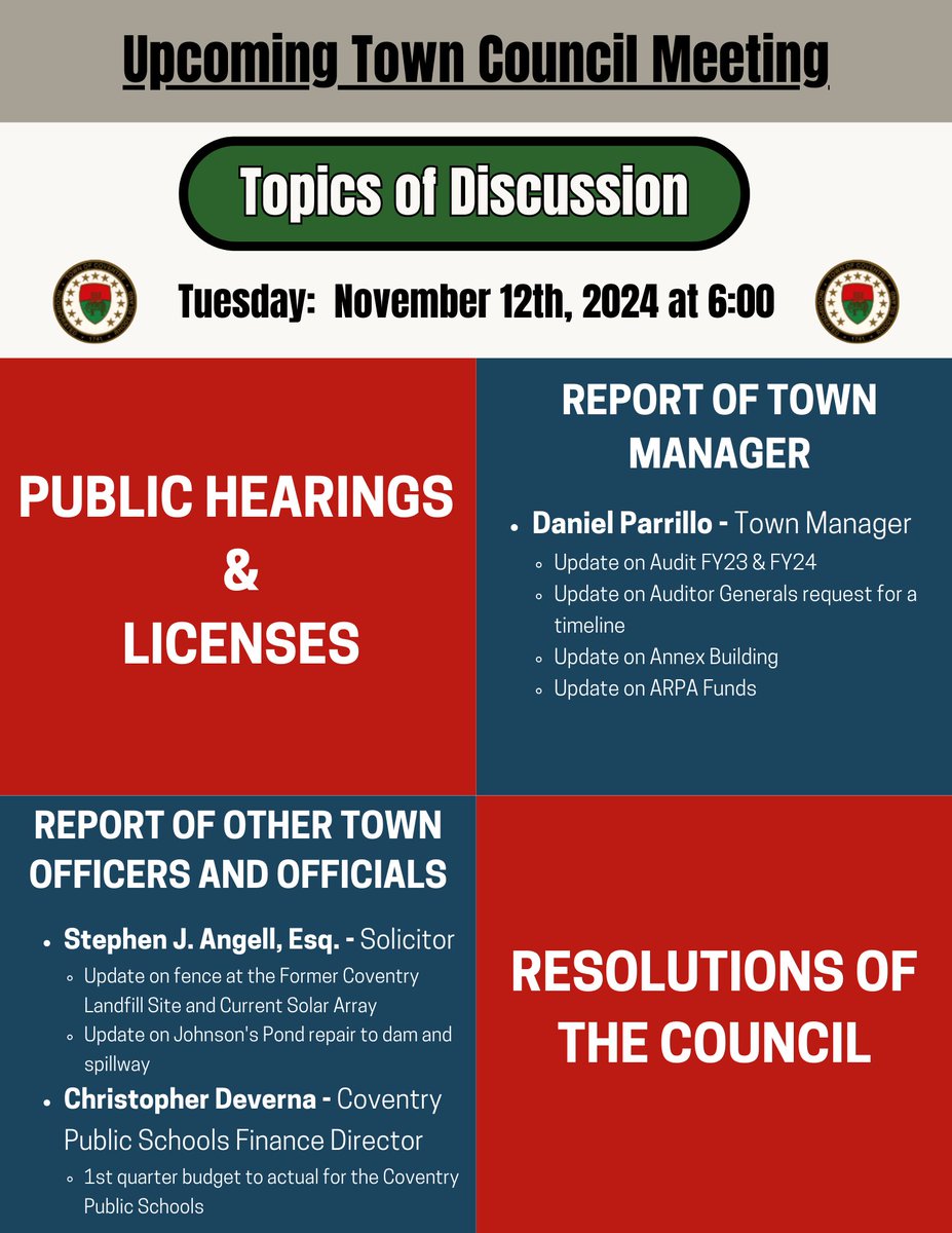 Town Council Meeting TODAY! You can join, in person, virtually, or through livestream at 6pm! 

Full Agenda: coventryri.civicweb.net/Portal/Meeting…

Zoom link: us02web.zoom.us/j/83353538649?…

Livestream: youtube.com/playlist?list=…