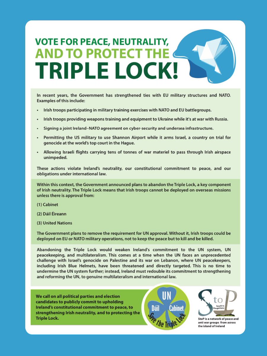 Representatives of peace groups from across Ireland will hold a Press Conference in Buswell’s Hotel, Dublin at 11.30 on Friday, 15th of November, to urge voters in the forthcoming election to vote for peace, neutrality and to save the Triple Lock.

#protectthetriplelock