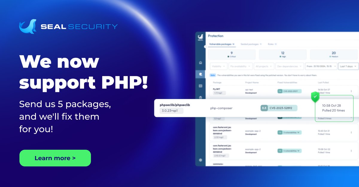 Seal Security (@sealsecurity_io) on Twitter photo We now support PHP!
Got vulnerable PHP packages? Send us the name, version, and CVE of up to 5 packages at info@seal.security and we’ll patch them for you, FREE!
Contact us for more information at: eu1.hubs.ly/H0dF6vX0 We now support PHP!
Got vulnerable PHP packages? Send us the name, version, and CVE of up to 5 packages at info@seal.security and we’ll patch them for you, FREE!
Contact us for more information at: eu1.hubs.ly/H0dF6vX0