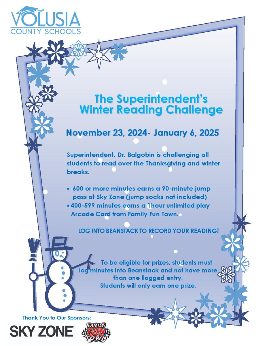 🦃 Thanksgiving break is here, and so is <a href="/SuptBalgobinVCS/">Dr. Carmen Balgobin</a> Winter Reading Challenge! Use your break to read and log those minutes for a chance to earn some amazing prizes! 📚
 ✨ 600+ minutes = 90-minute jump pass at Sky Zone (jump socks not included)
 ✨ 400–599 minutes = 1-hour