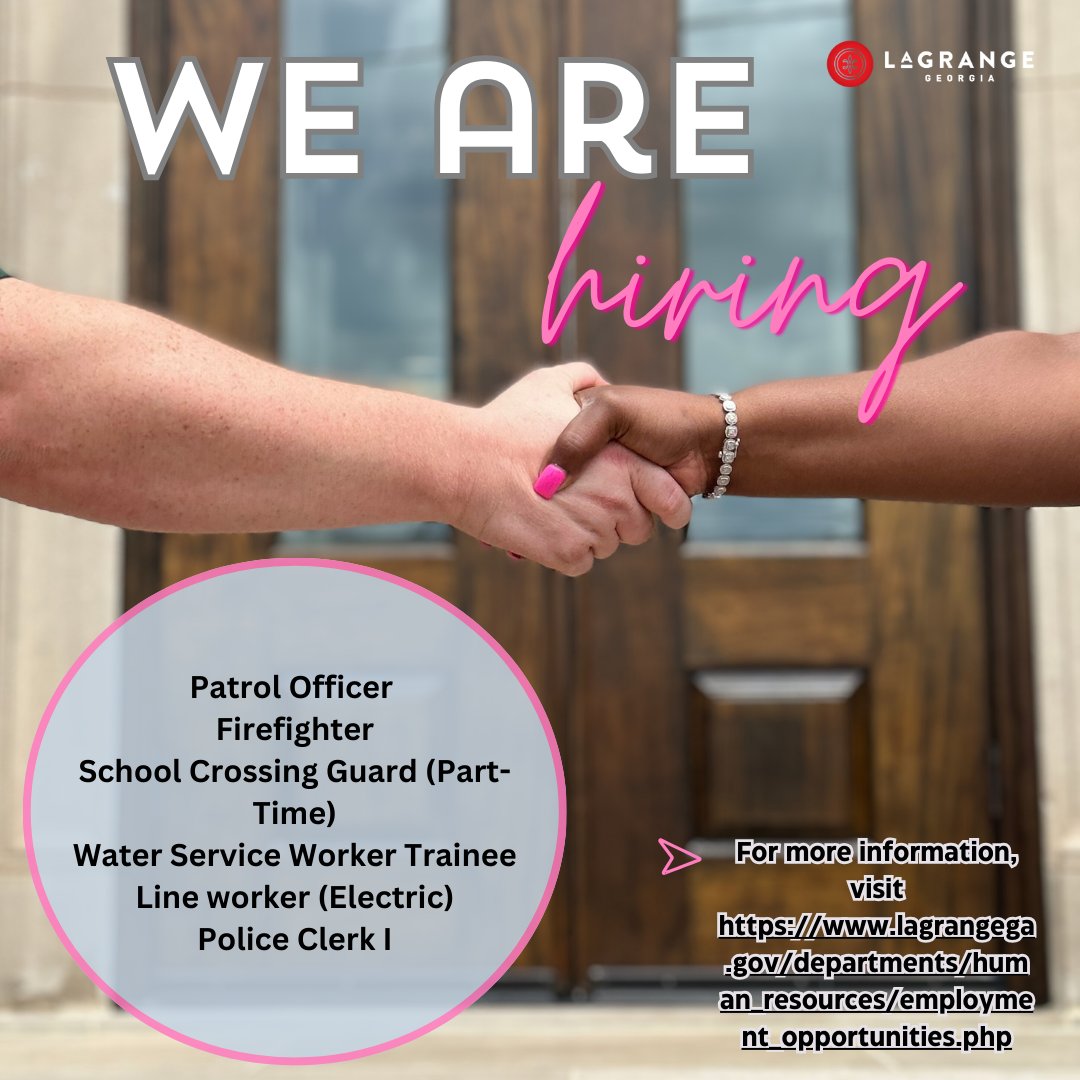 Are you looking for a job? The City of LaGrange currently has several openings. Below are the openings as of 11/1/24. For more information visit: lagrangega.gov/departments/hu…
#jobs #LagrangeGa #wearehiring #CityInspired