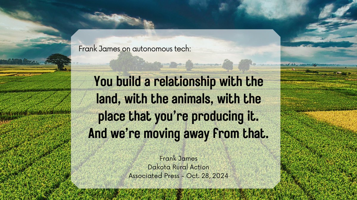 Dakota Rural Action (@dakotarural) on Twitter photo DRA's Frank James cautions that autonomous tech can't do everything in farming and it also disconnects farmers from the land bit.ly/48M0Qs6 <a href="/AP/">The Associated Press</a> <a href="/MelinaWalling/">Melina Walling</a> #farming #agriculture #familyfarms DRA's Frank James cautions that autonomous tech can't do everything in farming and it also disconnects farmers from the land bit.ly/48M0Qs6 <a href="/AP/">The Associated Press</a> <a href="/MelinaWalling/">Melina Walling</a> #farming #agriculture #familyfarms