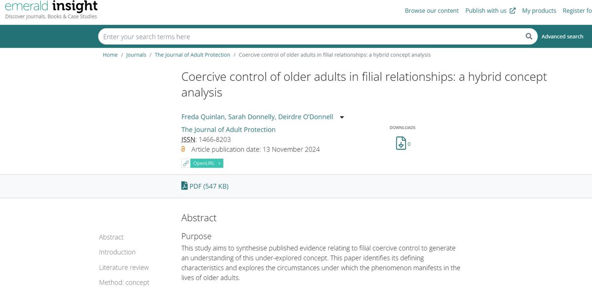 Sarah Donnelly (@sarahmdonnelly1) on Twitter photo New coauthored publication by Freda Quinlan <a href="/UCDSocialPWJ/">UCDSocialPolWorkJust</a> #PhD student
'Coercive control of older adults in filial relationships: a hybrid concept analysis' Journal of Adult Protection #OpenAccess <a href="/DeeOD2/">Deirdre O'Donnell</a> <a href="/AmandaC62359371/">Amanda Casey</a> <a href="/Safeguarding_ie/">HSE National Safeguarding Office</a> <a href="/IASW_IRL/">IASW</a>
emerald.com/insight/conten… New coauthored publication by Freda Quinlan <a href="/UCDSocialPWJ/">UCDSocialPolWorkJust</a> #PhD student
'Coercive control of older adults in filial relationships: a hybrid concept analysis' Journal of Adult Protection #OpenAccess <a href="/DeeOD2/">Deirdre O'Donnell</a> <a href="/AmandaC62359371/">Amanda Casey</a> <a href="/Safeguarding_ie/">HSE National Safeguarding Office</a> <a href="/IASW_IRL/">IASW</a>
emerald.com/insight/conten…
