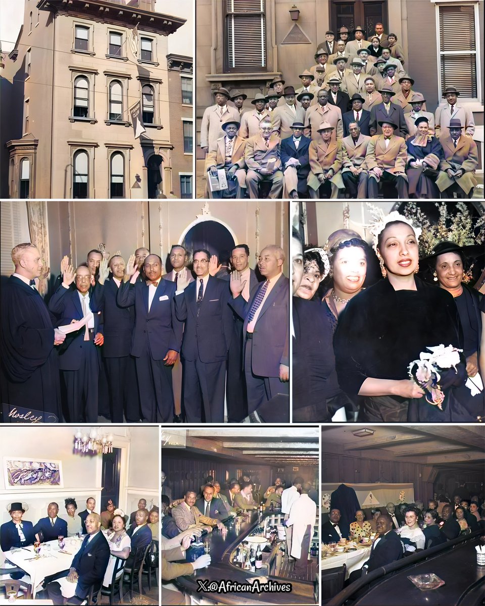 AfricanArchives's tweet photo. The Pyramid Club was founded in 1937 by prominent black lawyers, doctors and businessmen for the cultural, civic, and social advancement of Black Americans, who were barred from many of Philadelphia’s restaurants, clubs, and social organizations because of their black skin.
 
Club members, who represented a cross section of the city’s Black-American community, purchased a building at 1517 Girard Ave. in 1940, which they renovated for the purpose of hosting social and cultural events.
 
The club was for men only, but women could attend events held at the site. There was also a Ladies Auxiliary, a Pyramid Wives Club, and a Women’s Coordinating Committee. Women could also serve on the club’s exhibition committee, which helped to select and organize exhibitions.
 
Black-owned, operated, and financed, the exclusive club contained reception rooms, meeting rooms, a dining room, and a membership lounge known as the Crystal Bar. The membership fee was $120 (around $2,600 in 2024) and monthly dues were $2.40 (around $53 in 2024). By the mid-1940s, the club had 350 members. All members were required to join the NAACP.
 
Programming consisted of music festivals, art exhibitions, cooking demonstrations, parties, luncheons, lectures, and guest speakers. The annual art exhibition, held from 1941-1957, showcased the work of up-and-coming African-American artists from Philadelphia and New York. Every year, the club published a popular pictorial album illuminating the life and times of black Philadelphians.
 
Famous faces at the club included poet Langston Hughes, songstress Marion Anderson, actress and dancer Josephine Baker, educator and philanthropist Mary McLeod Bethune, civil rights activist A. Philip Randolph, and legendary musicians Louis Armstrong and Duke Ellington.
 
The club closed in 1963.

🖊️As the only admin behind this page, I try to research to educate. If you appreciate this effort, you can support to help the page thrive on https://t.co/HHs3SgCItN. Your support is deeply appreciated! (Or just the ko-fi page for articles/posts roundup)