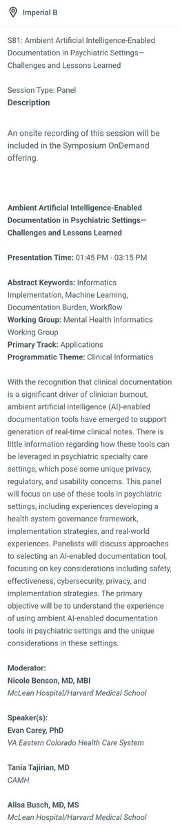 Clinical Informatics | Mass General Brigham (@massgenbrigci) on Twitter photo Don't miss 1:45 pm today! <a href="/NicoleBensonMD/">Nicole Benson, MD MBI</a> moderating lessons learned from the early use of generative AI in psychiatry #AMIA2024 Don't miss 1:45 pm today! <a href="/NicoleBensonMD/">Nicole Benson, MD MBI</a> moderating lessons learned from the early use of generative AI in psychiatry #AMIA2024