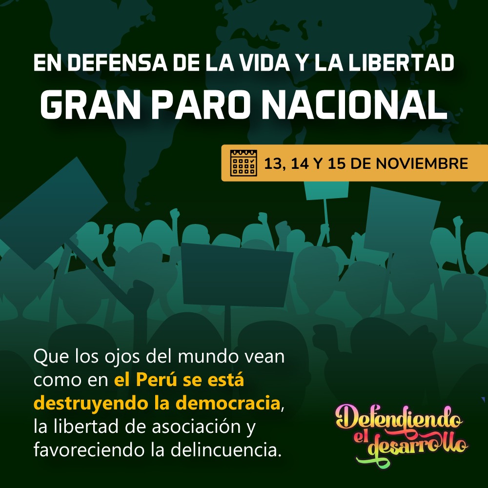 #ParoNacional | ¡𝐄𝐍 𝐃𝐄𝐅𝐄𝐍𝐒𝐀 𝐃𝐄 𝐋𝐀 𝐕𝐈𝐃𝐀 𝐘 𝐋𝐀 𝐋𝐈𝐁𝐄𝐑𝐓𝐀𝐃! 📣
Organizaciones de la sociedad civil se unen para sumarse al paro nacional anunciado para los días 13, 14 y 15 de noviembre. No más leyes que favorecen la delincuencia.
#DefendiendoElDesarrollo