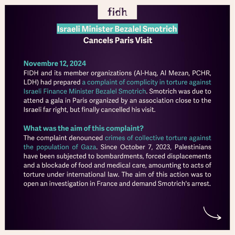 fidh_en's tweet photo. FIDH and its member organizations @alhaq_org, @AlMezanCenter, @pchrgaza and @LDH_Fr were ready to file a complaint in France against Israeli Minister #BezalelSmotrich for complicity in torture of the population of #Gaza.

👉 https://t.co/CW02mi8b9X