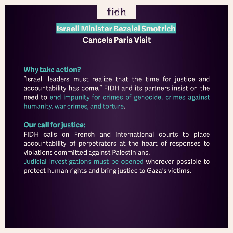fidh_en's tweet photo. FIDH and its member organizations @alhaq_org, @AlMezanCenter, @pchrgaza and @LDH_Fr were ready to file a complaint in France against Israeli Minister #BezalelSmotrich for complicity in torture of the population of #Gaza.

👉 https://t.co/CW02mi8b9X
